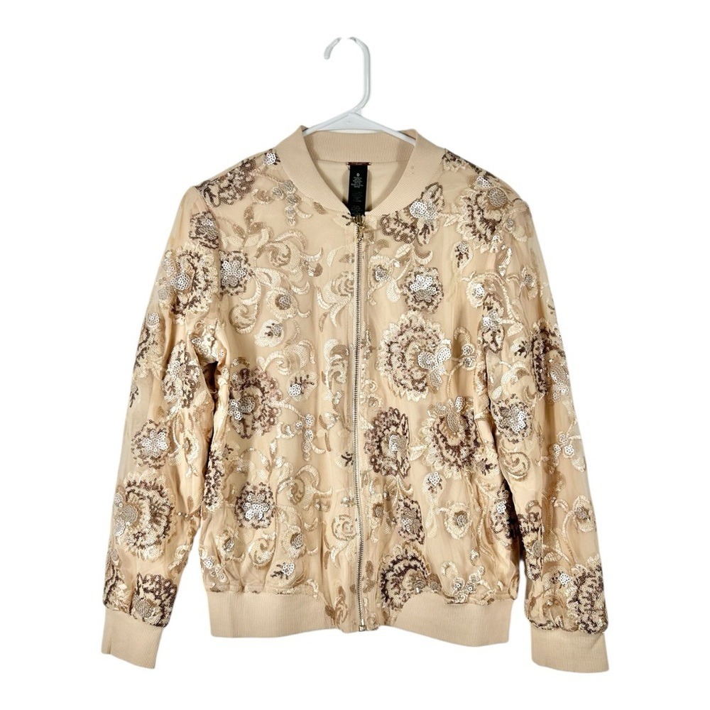Chico's Black Label Beige Floral Sequin Bomber Jacket
